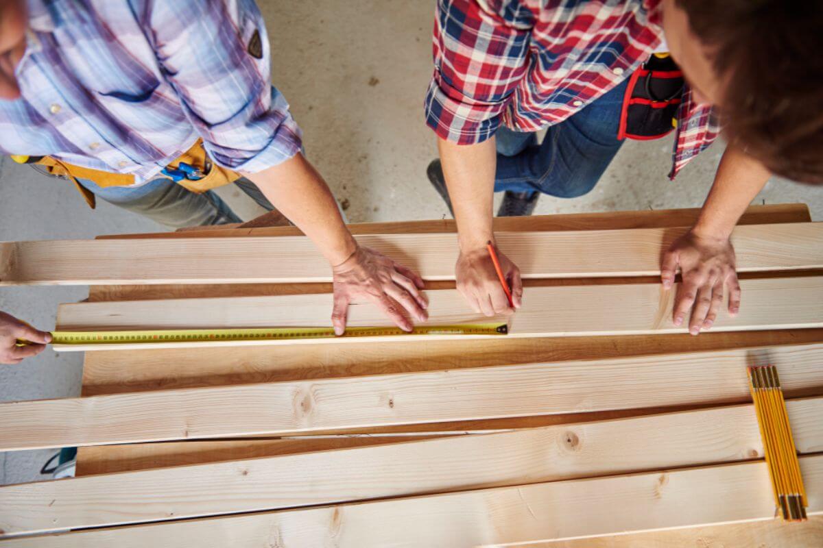 Professional measuring the WPC louver for precise ceiling installation, ensuring accurate dimensions and proper fit before setup.