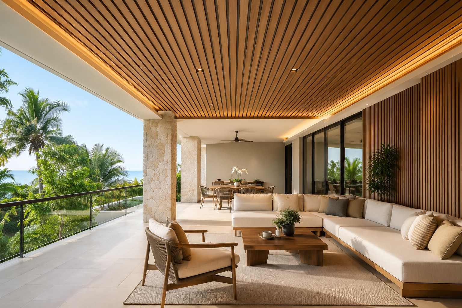 Outdoor lounge with wood slat ceiling and matching wood slat wall panels