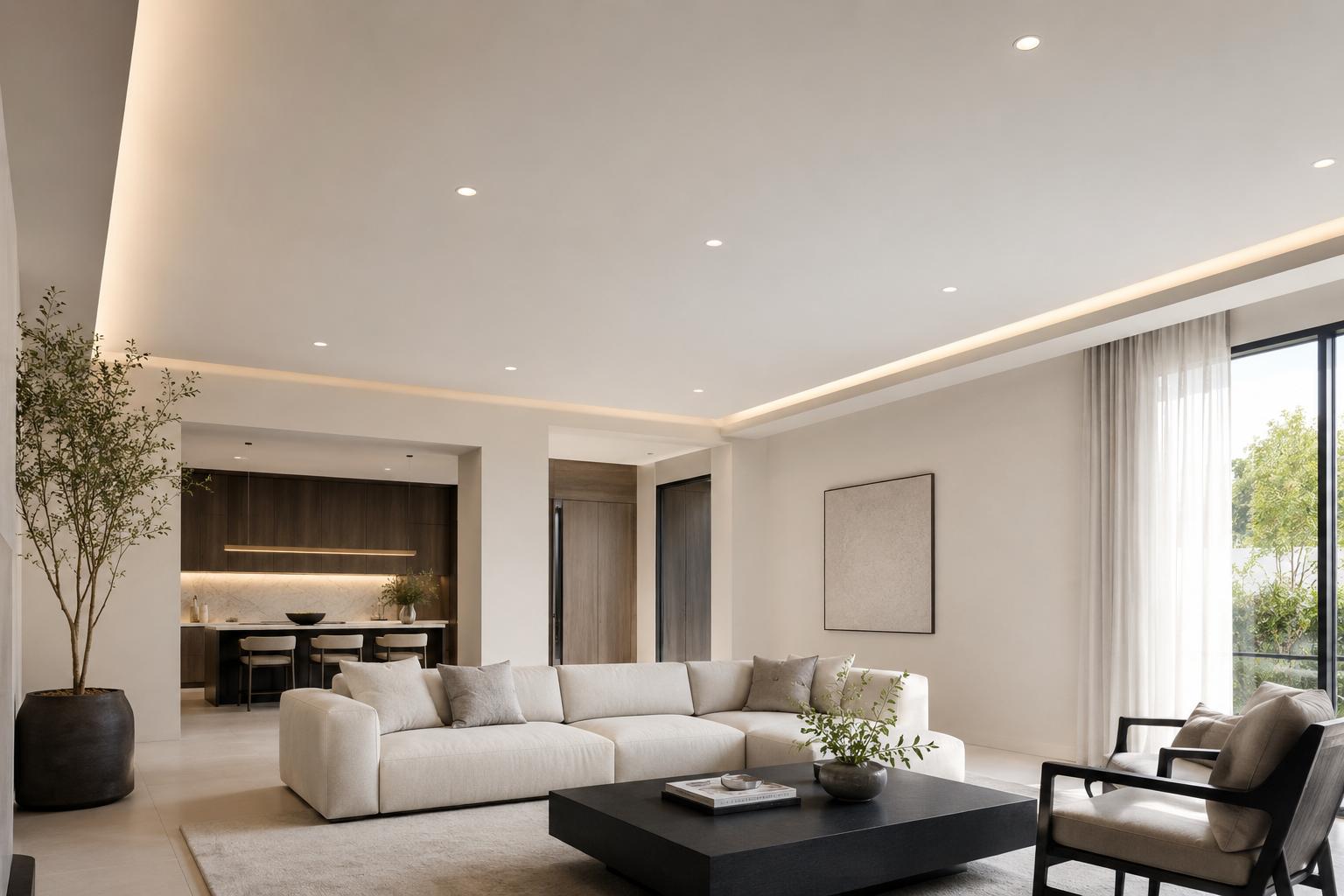 Minimalist living room with smooth drywall ceiling and recessed lighting