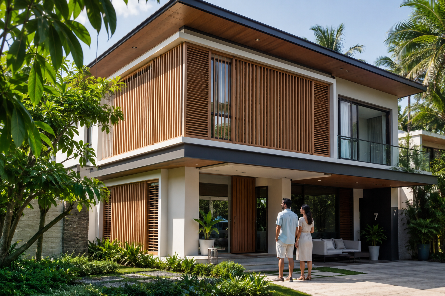 Modern house with wood-look louvers for privacy, shading, and ventilation