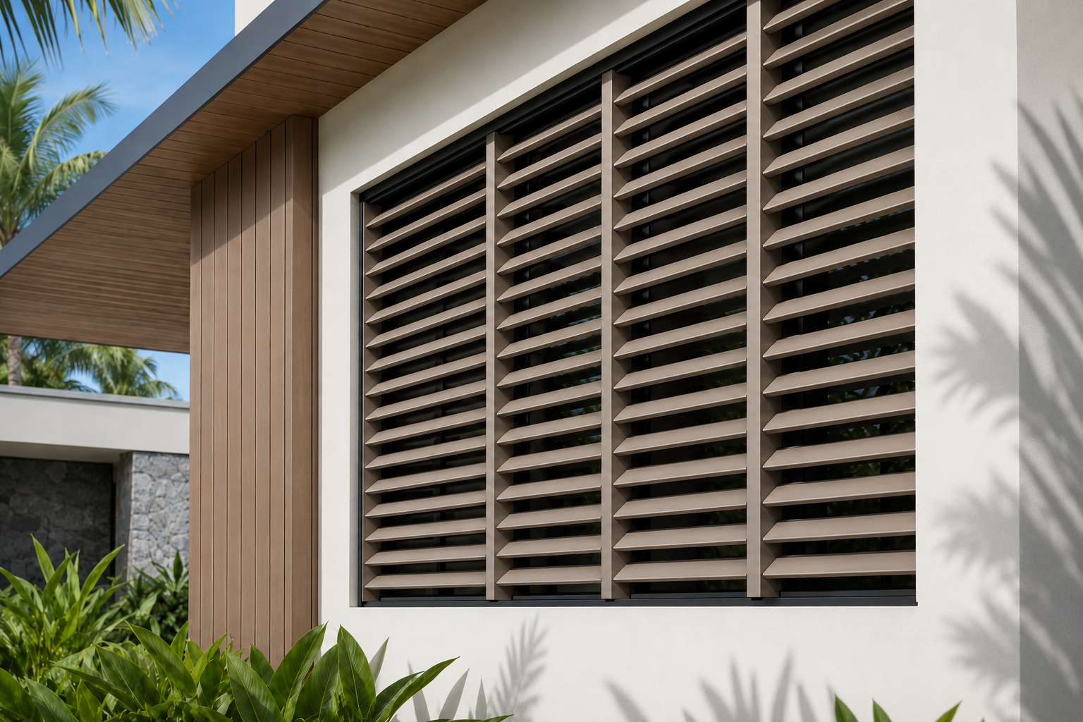 Exterior window louvers installed on a modern home facade