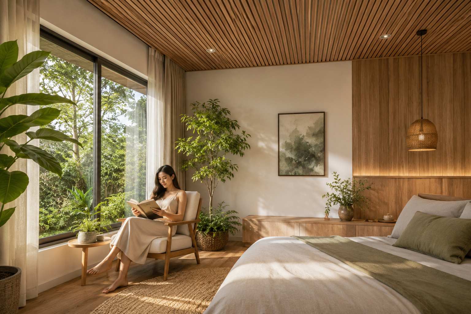 Cozy bedroom with wood ceiling panels, natural light, indoor plants, and a reading corner