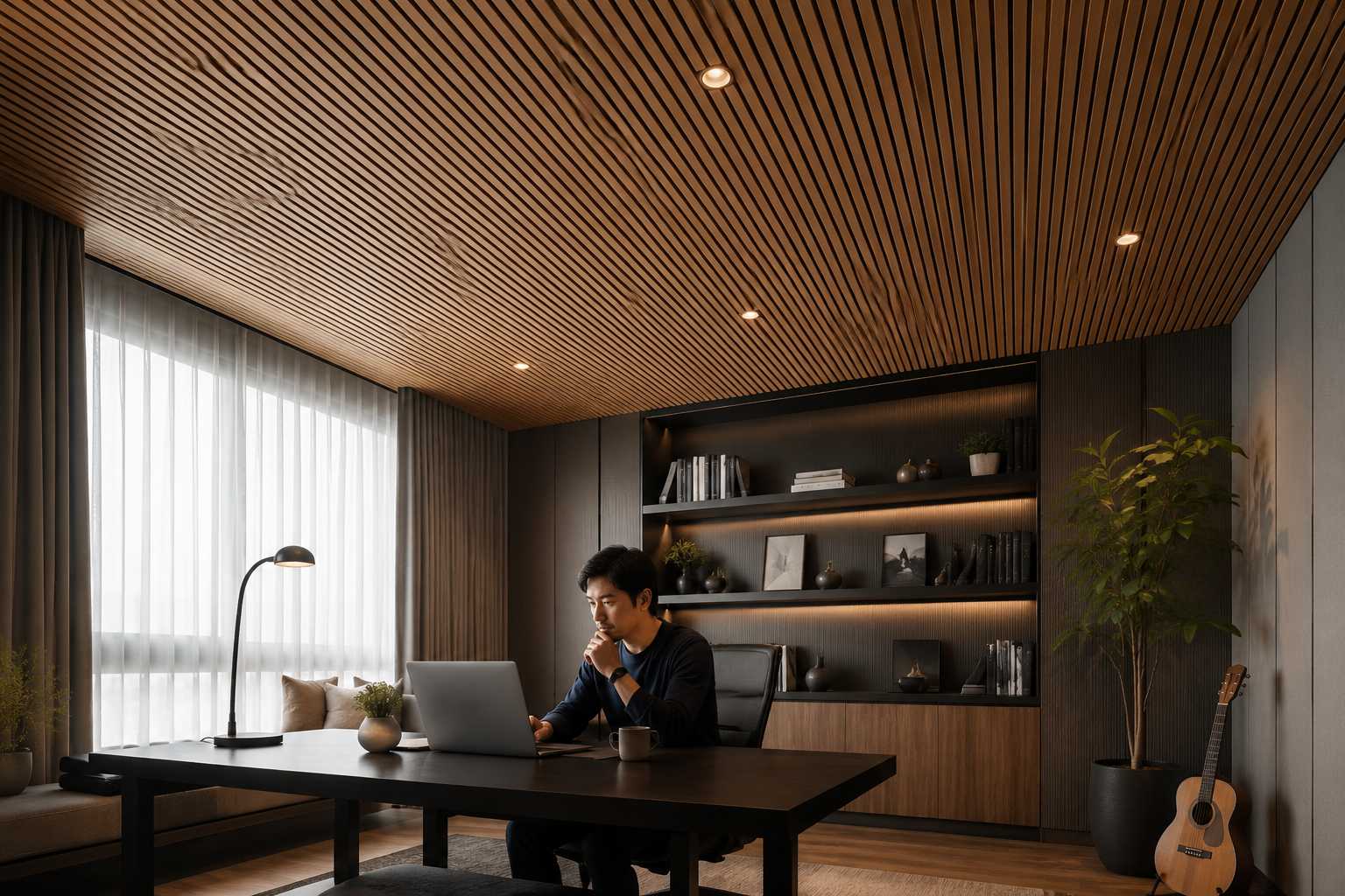 Home office with slatted wood ceiling panels, built-in shelving, and a work desk