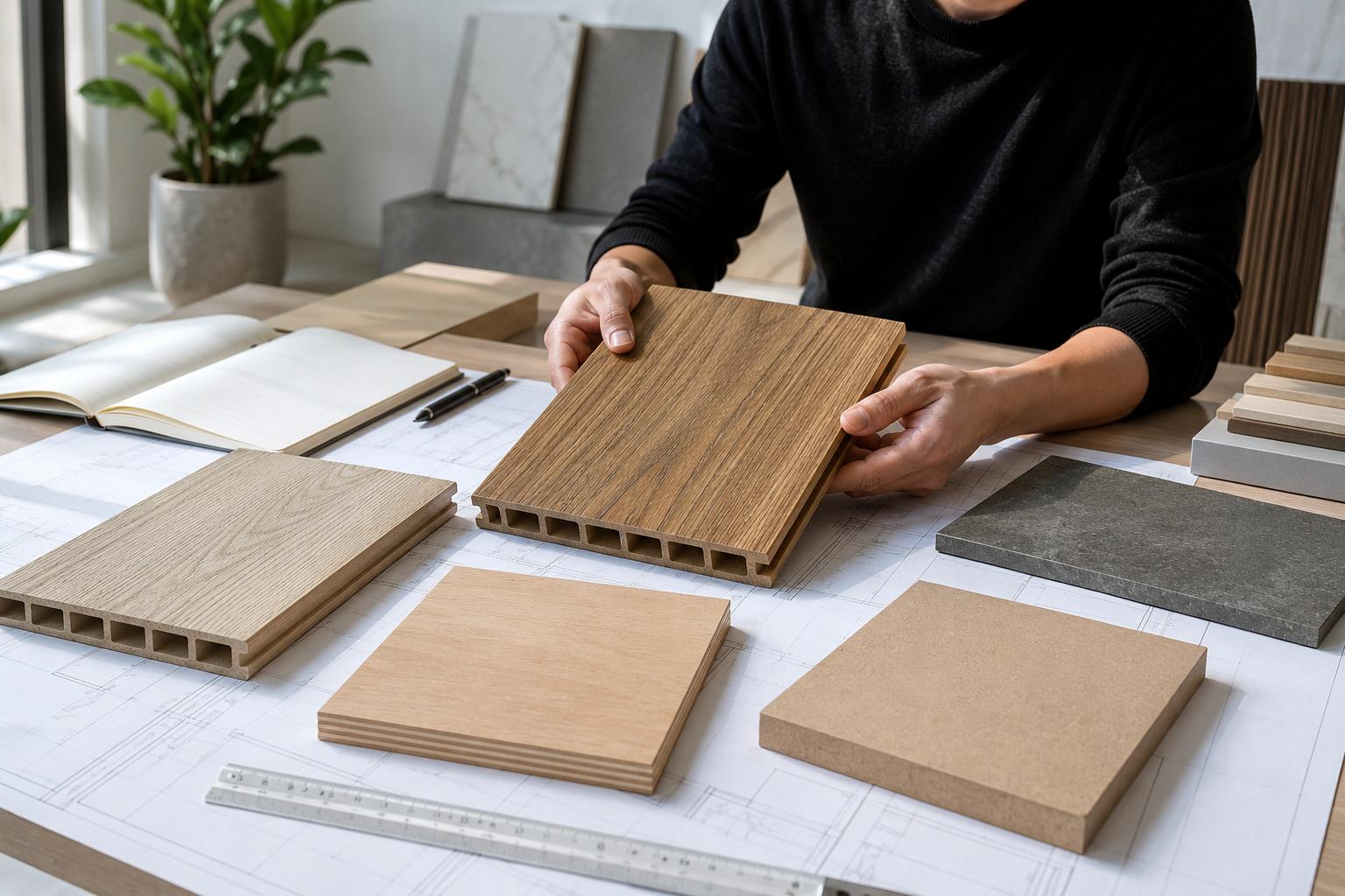 Designer comparing wood-look composite panels, plywood, MDF, and surface finishes for an architectural project