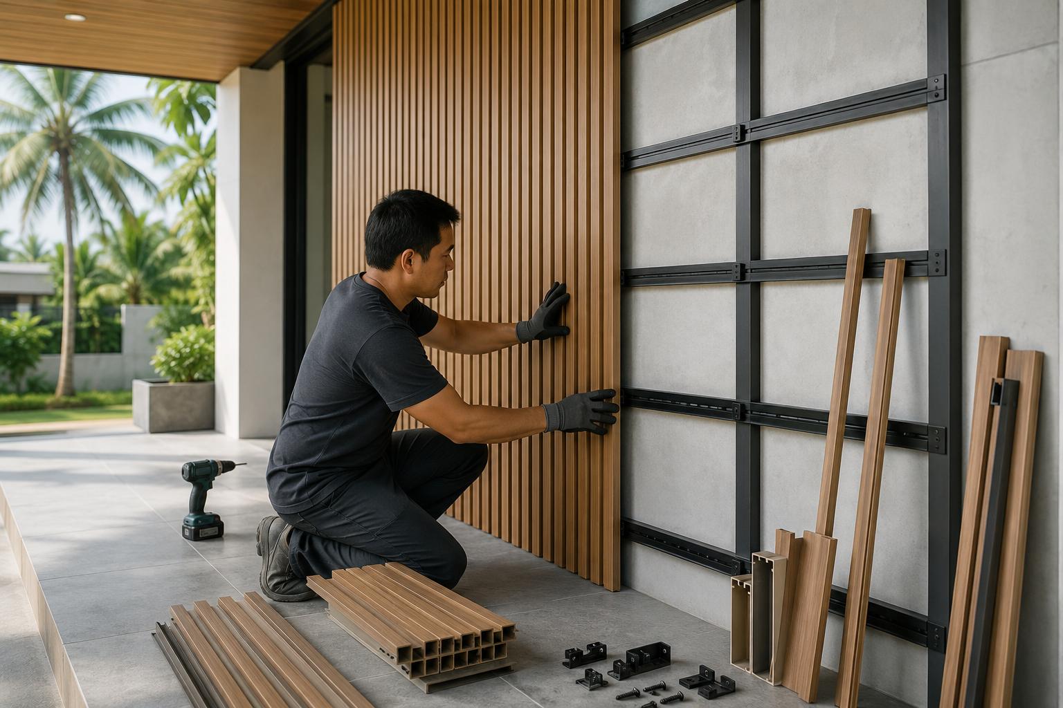 Installer fitting wood-look wall panels onto a metal support system with accessories and tools nearby