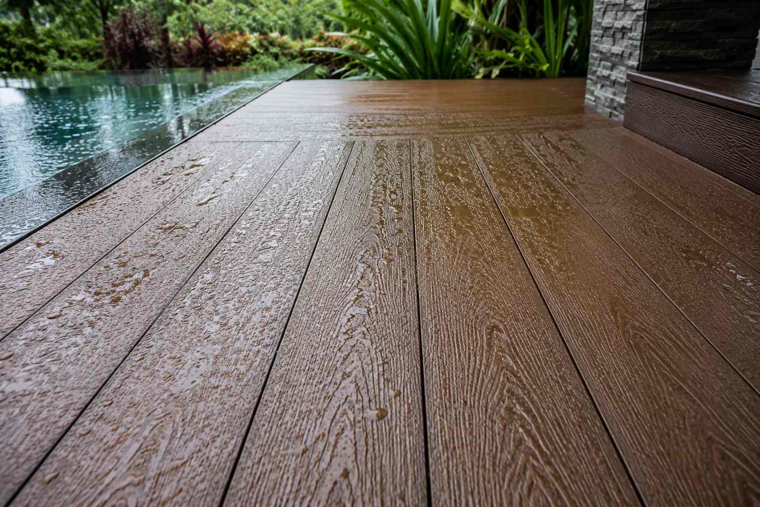 Wood-look outdoor flooring beside an infinity pool with tropical greenery and mountain views