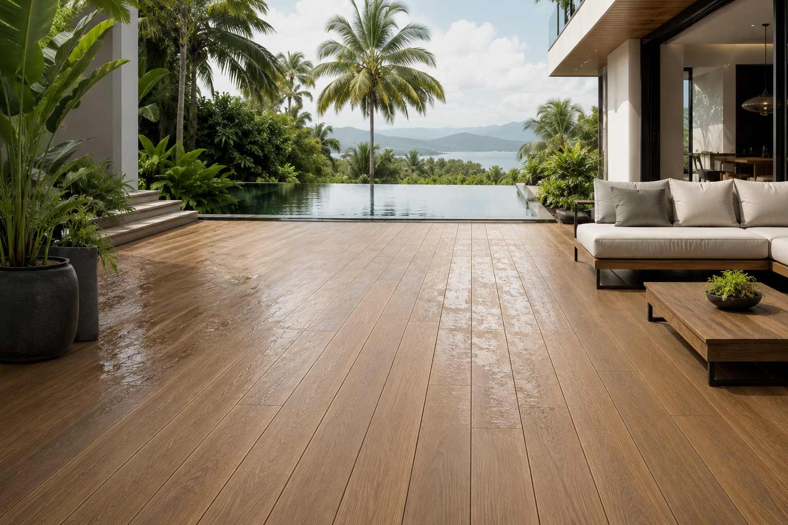 Wet wood-look outdoor flooring beside a pool, showing water droplets and textured planks
