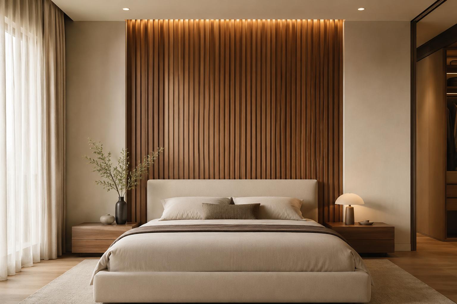 Modern bedroom with vertical wood paneling behind the bed and warm accent lighting