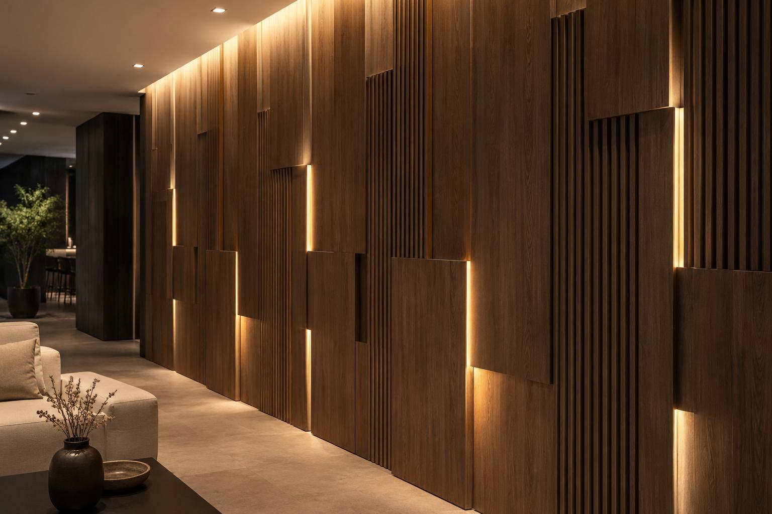Decorative wood wall panels with warm integrated lighting in a modern interior hallway.