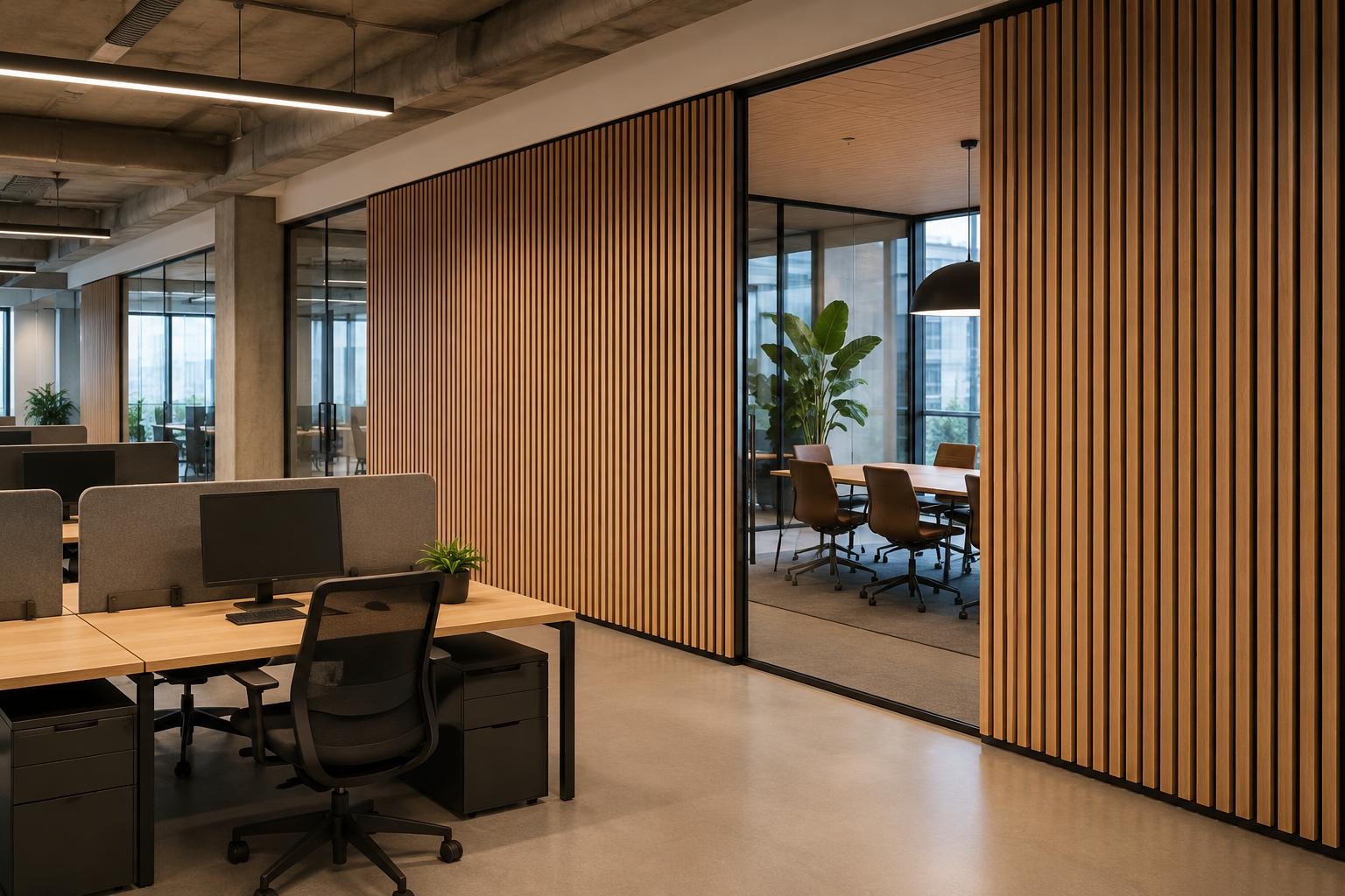 Open office with wood slat wall panels separating workstations and a meeting room