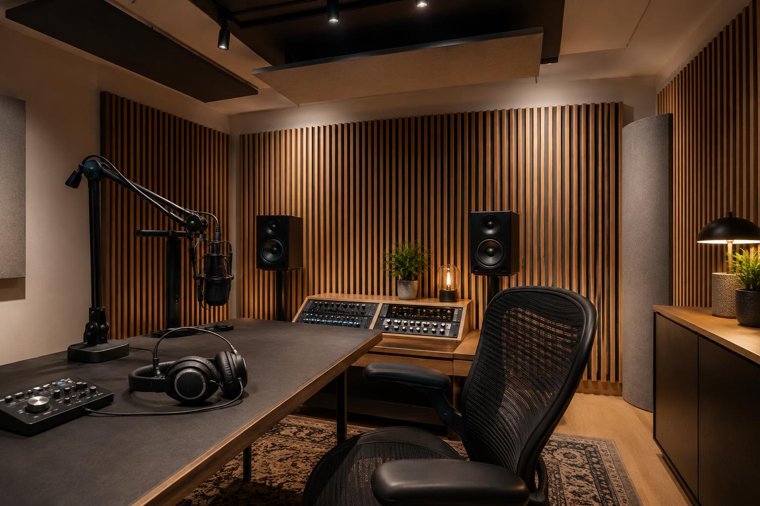 Recording studio with wood slat acoustic wall panels, microphone, speakers, and sound equipment