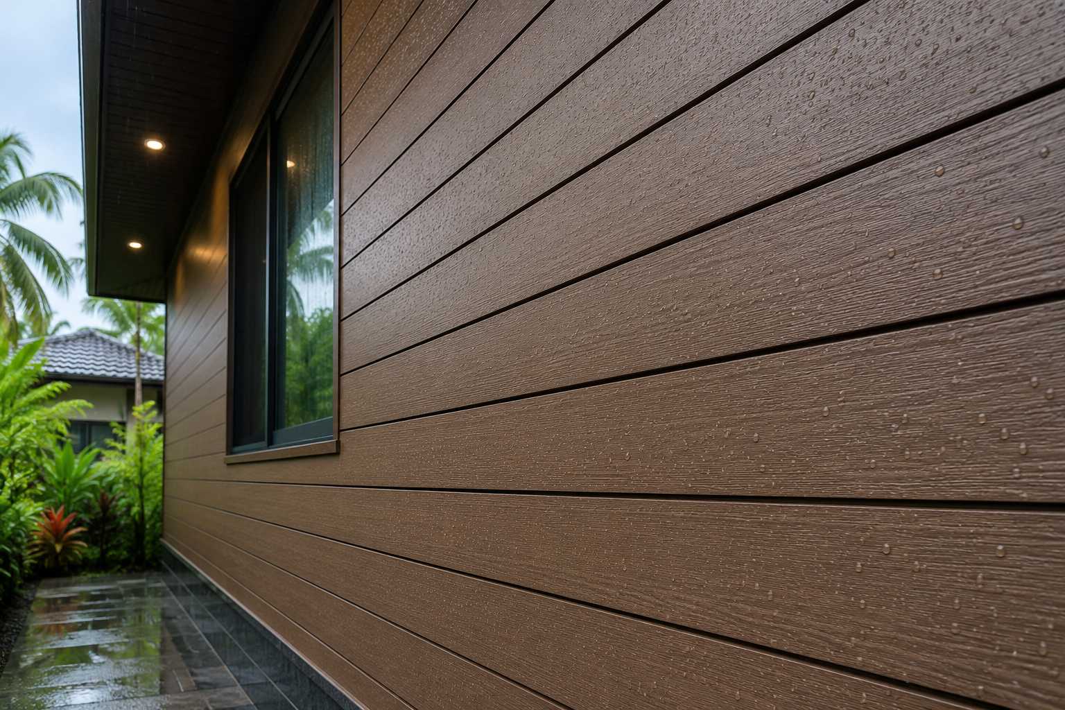 Close-up of rainwater droplets on wood-plastic composite exterior wall cladding beside a window in a tropical home