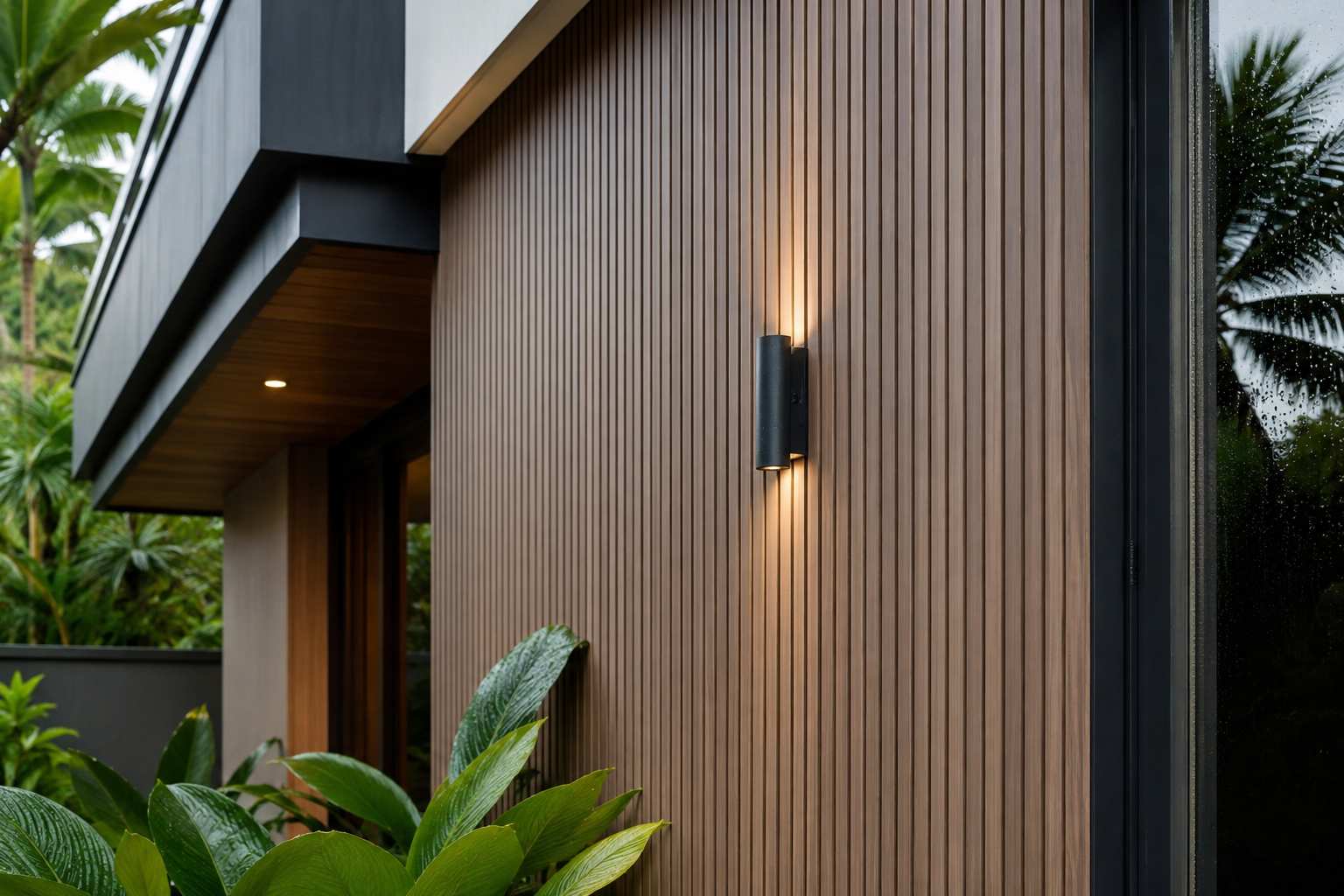 Worker installing wood-plastic composite wall cladding panels over a rainscreen system on a residential exterior