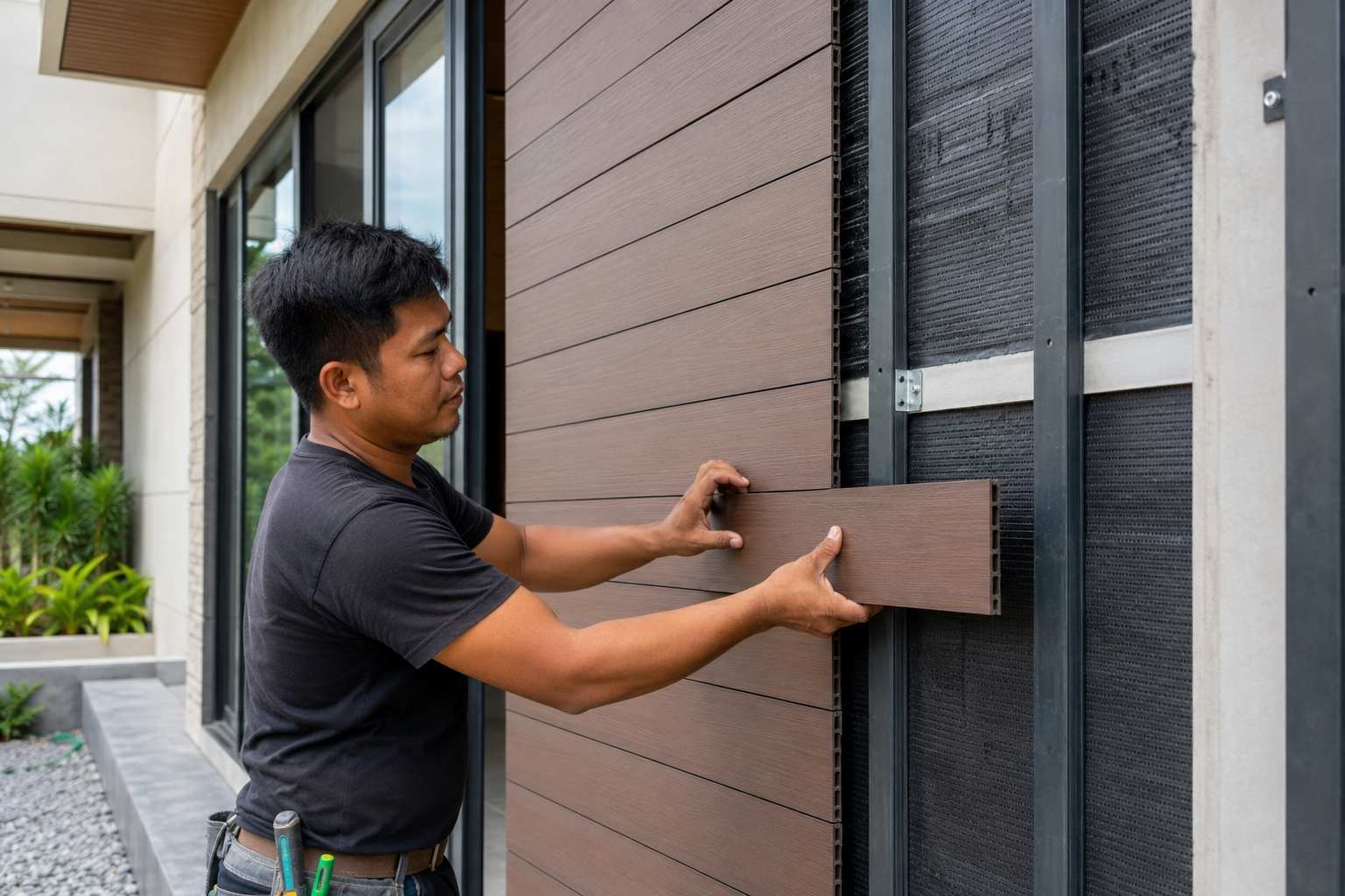 Worker installing wood-plastic composite wall cladding panels over a rainscreen system on a residential exterior