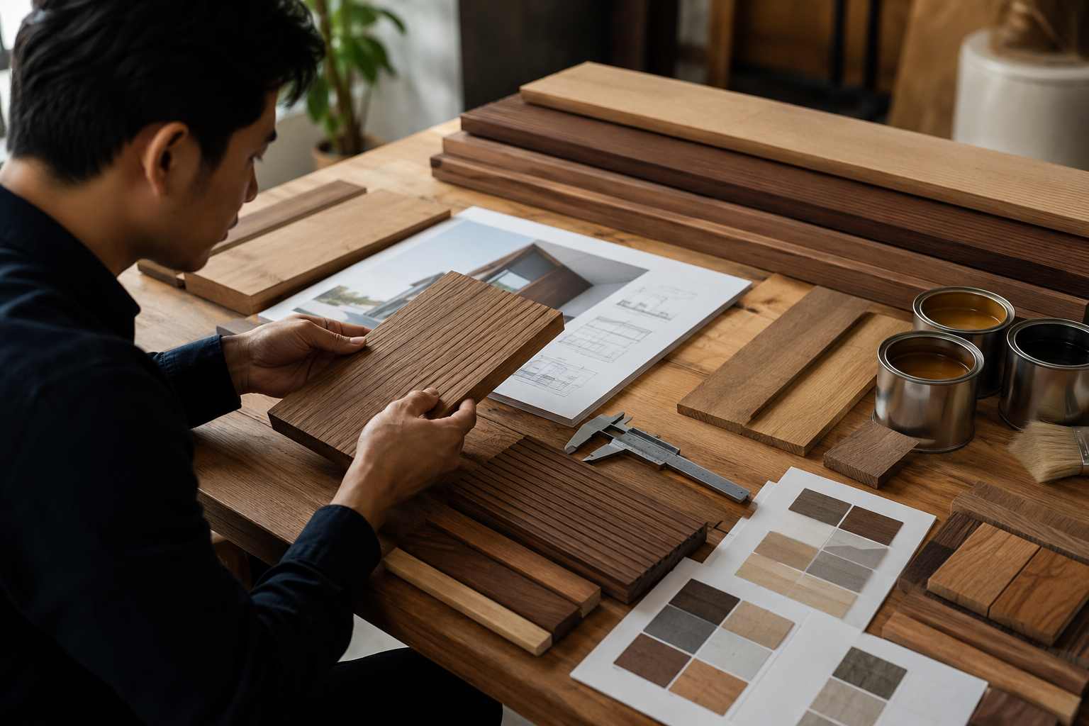 Designer reviewing composite wood cladding samples, color swatches, plans, and tools for an architectural project