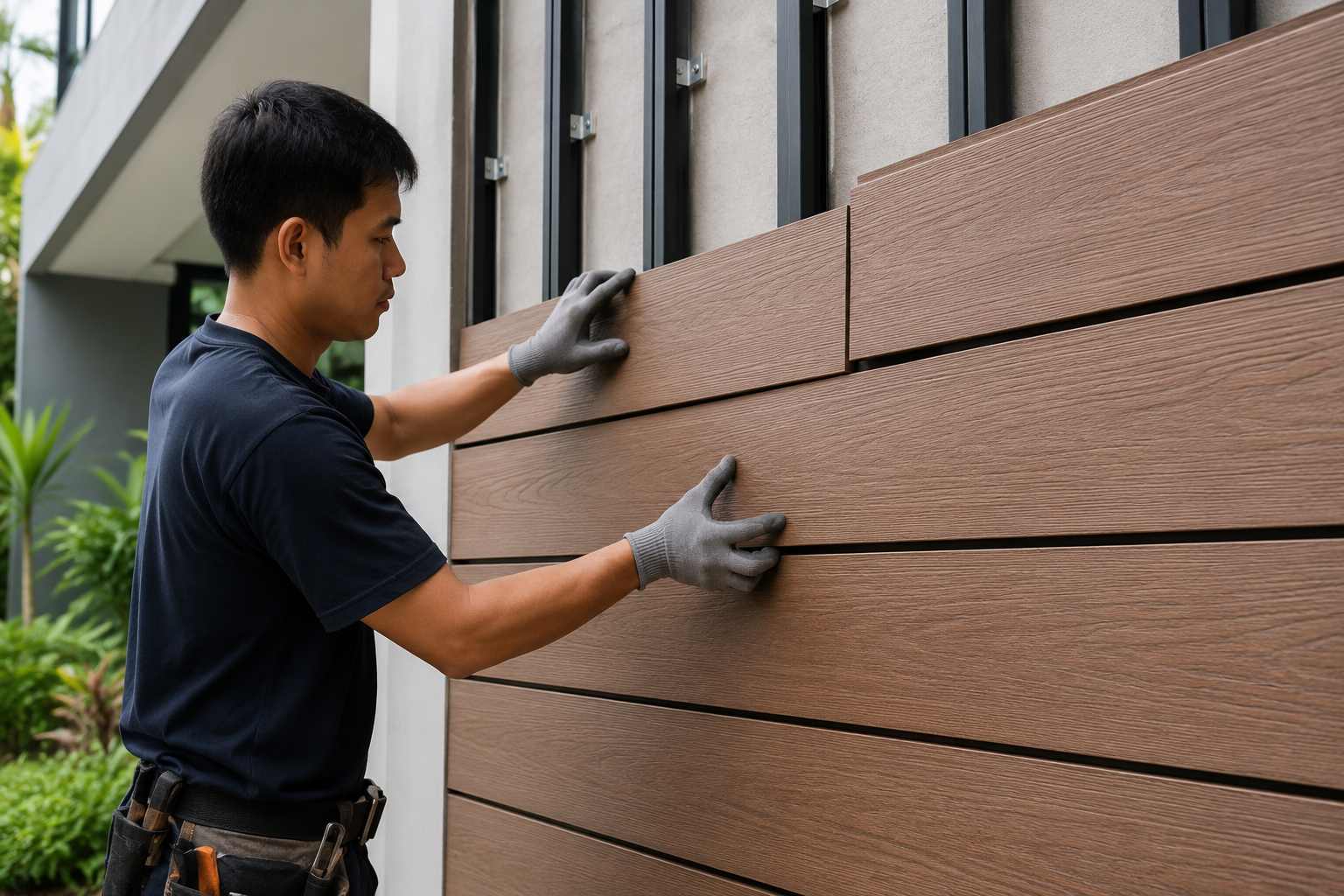 Worker installing horizontal composite wood wall cladding panels on a residential exterior with visible metal framing