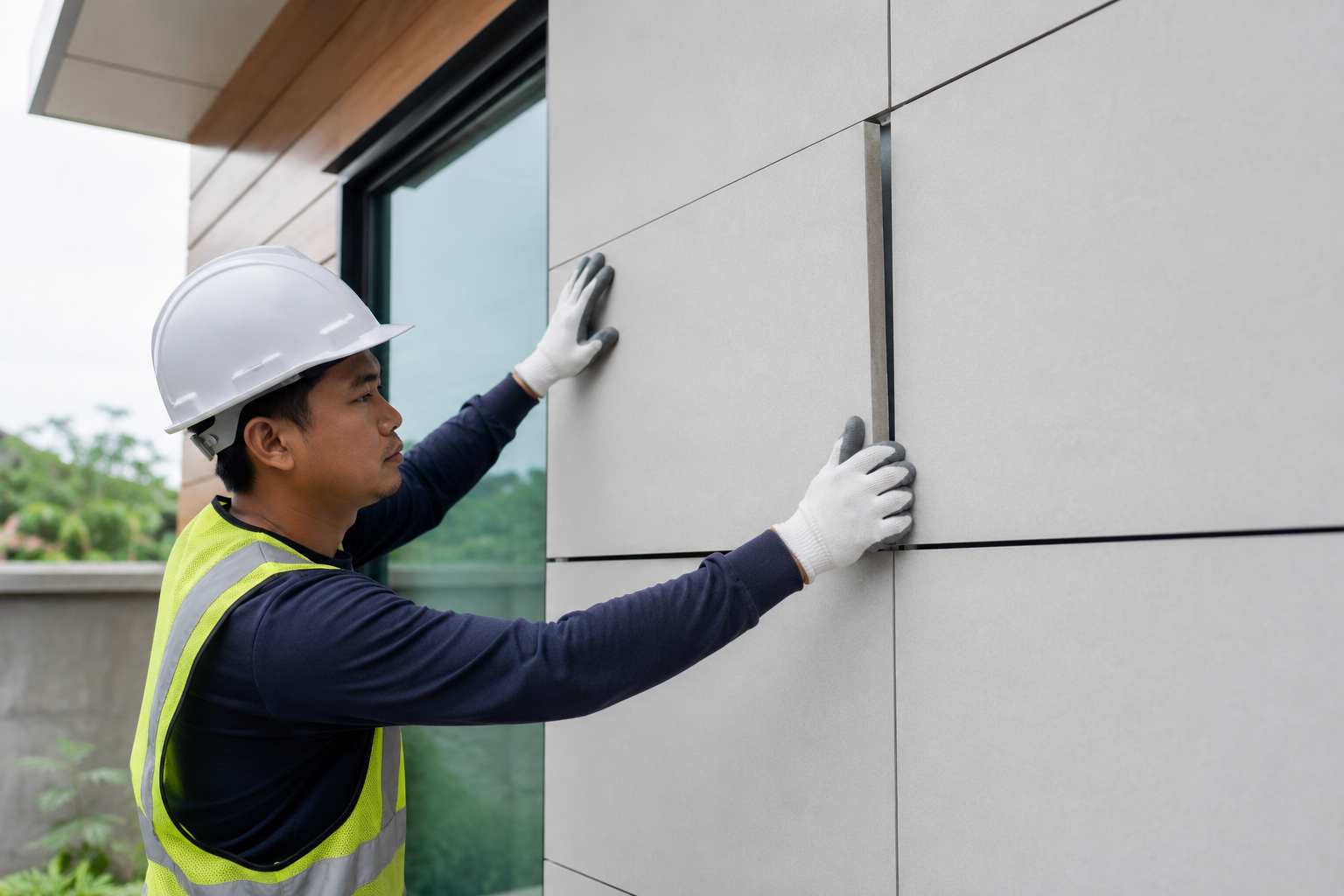 Worker installing minimalist exterior wall cladding panels on a modern home while wearing safety gear