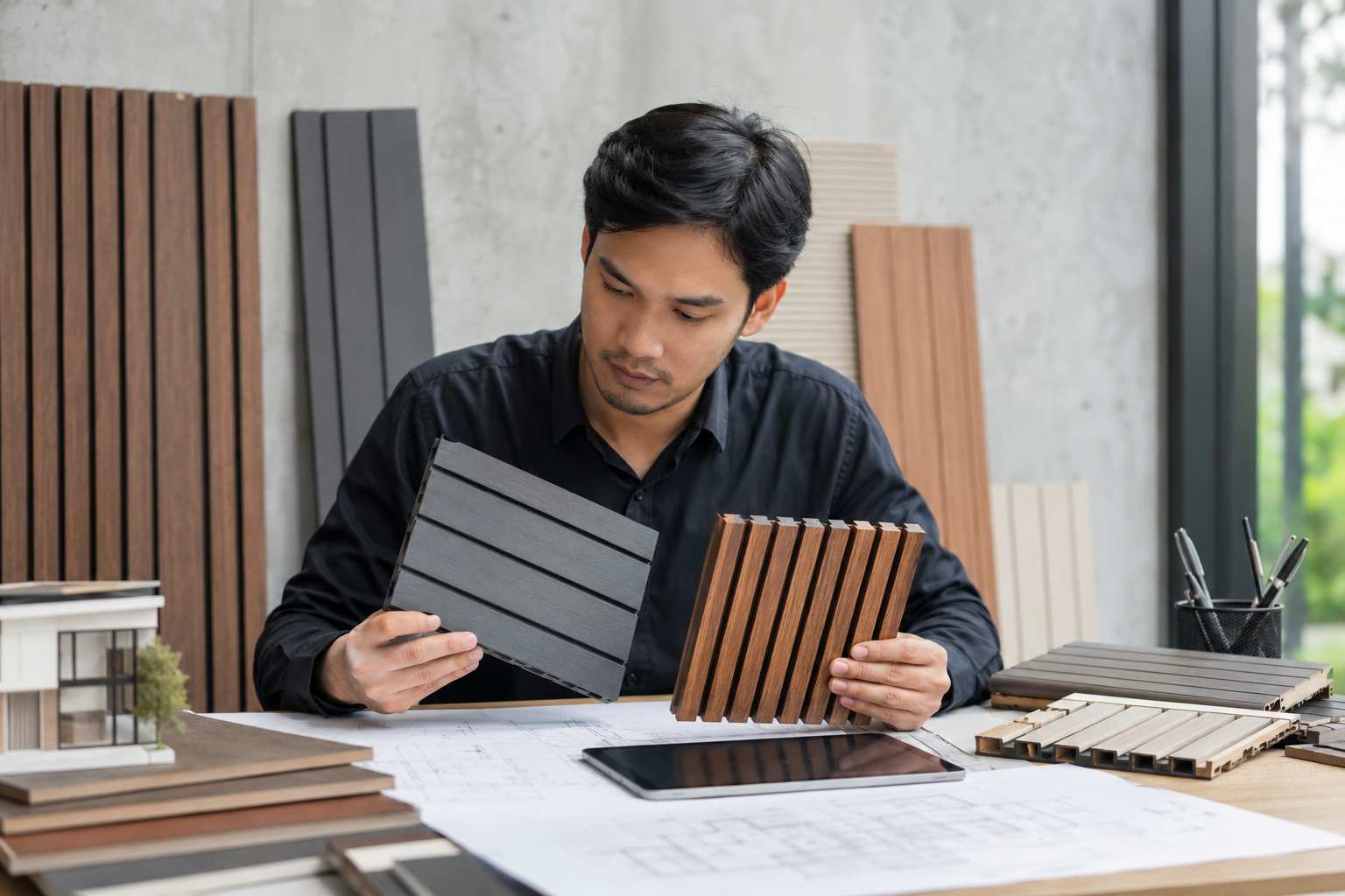 Designer comparing wood-look composite wall cladding samples and panel profiles over architectural plans