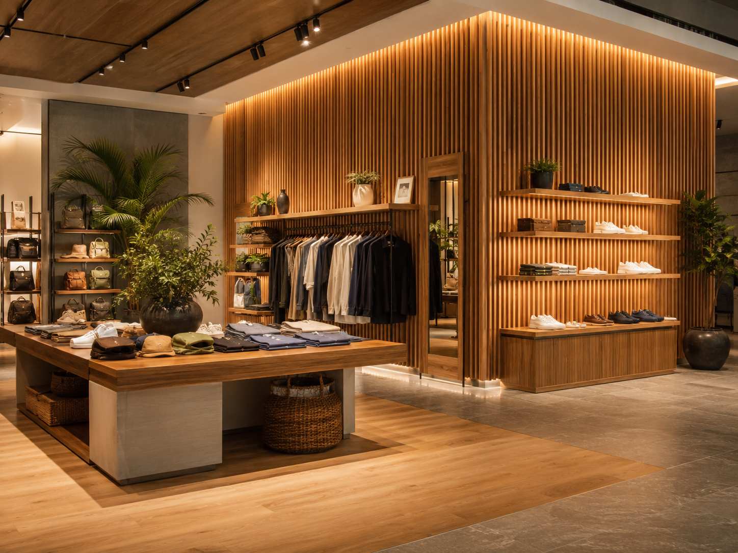 Premium clothing store interior with warm wood wall cladding, illuminated shelves, clothing displays, shoes, and decorative plants