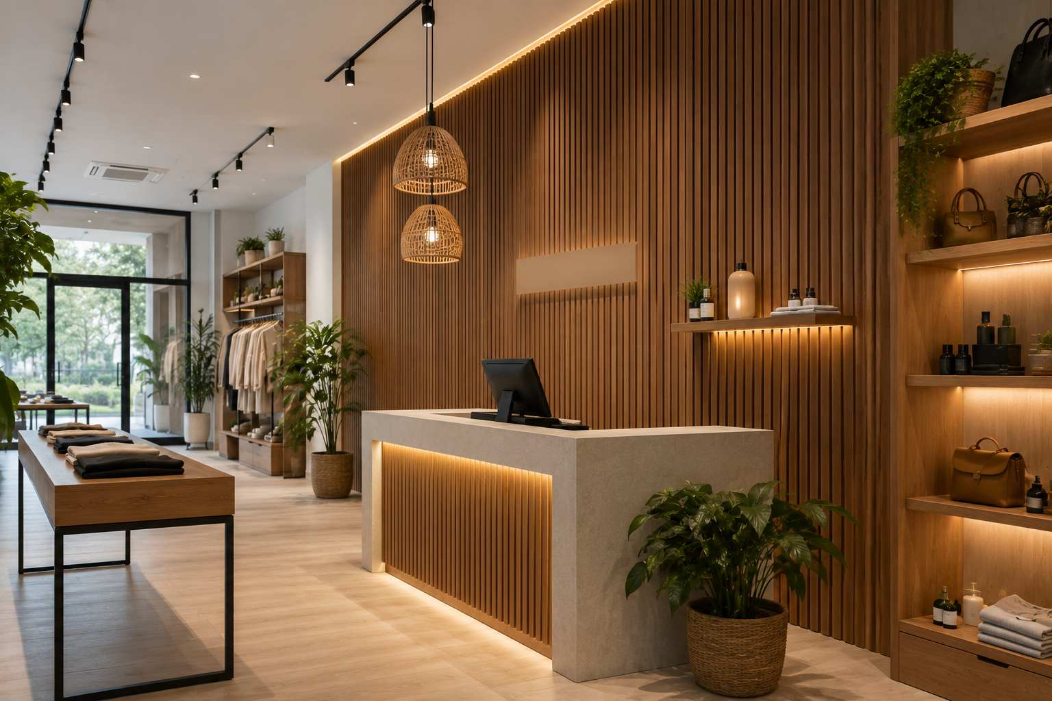 Modern boutique reception area featuring vertical wood wall cladding, integrated lighting, product shelves, and indoor plants